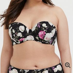 BLACK FLORAL MICROFIBER PUSH-UP STRAPLESS BRA
